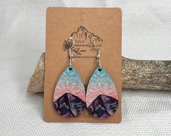 Watercolor wood Ombre mandala mountain Earrings dangle | Gift for mountain lovers | Teardrop Dangle Earrings  | wearable art earrings