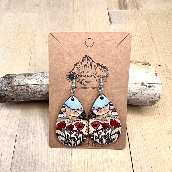 Watercolor wood Indian paintbrush mountain wood Earrings | handmade watercolor drop earrings | Teardrop Dangle Earrings  | wearable art