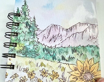 Sunflower Mountain mini 4x4 Watercolor spiral Book, Art Journal, Field Sketchbook, Travel Art Book, Watercolor Book, Pocket Painting Book