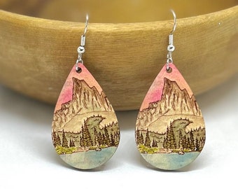 Watercolor wood Sawtooth Mountain Earrings dangle | Idaho Jewelry | mountain earrings | Teardrop Dangle Earrings  | wearable art