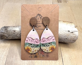 Watercolor wood Sunflower mountain wood Earrings | Gift for mountain lovers | Teardrop Dangle Earrings  | wearable art
