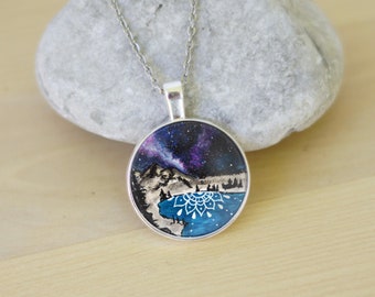 Mandala Lake mountain art necklace / Watercolor necklace / mountain lake necklace / landscape necklace / wearable art necklace