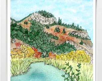 Fall in Blacksmith Fork Canyon Utah Watercolor Print, Utah Art, mountain art, watercolor art