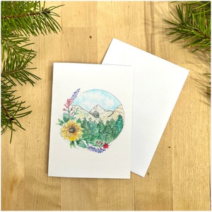 Carte d’aquarelle Sunflower Mountain 5.5x4.25, carte vierge, carte de montagne, carte aquarelle, carte d’art originale