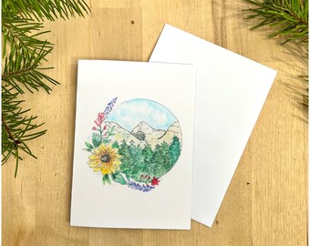Sunflower Mountain 5.5x4.25 Watercolor Card, Blank Card, mountain card, watercolor card, Original Art Card