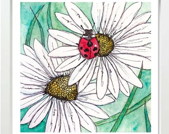 Ladybug Daisy watercolor print, Daisy Art Print, Flower Art, boho flower art, watercolor art, watercolor flower