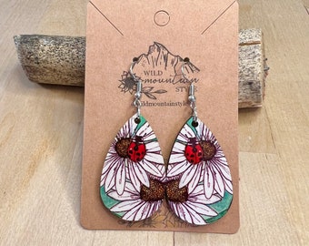 Watercolor wood Ladybug daisy flower wood Earrings | Gift for mountain lovers | Teardrop Dangle Earrings  | wearable art