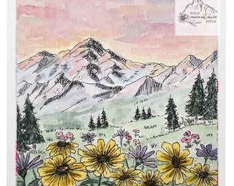 Pastel Wildflower mountain watercolor print, mountain Art Print, Flower Art, boho flower art, watercolor art, watercolor flower, square art