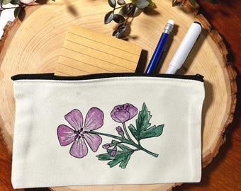 Geranium Pink Flower Canvas Zipper Makeup Bags, Cosmetic Bag Pouch with Zipper, Artist Gift, Travel Art Bag, pencil pouch