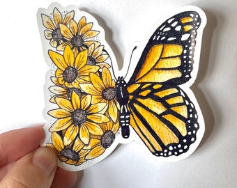 Sunflower Monarch Butterfly watercolor vinyl sticker, flower art decal, Watercolor art decal,  watercolor flower sticker, 3" x 3" sticker