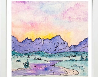 Sunset Sawtooth Mountains Art Print, Mountain art, Idaho Art, boho mountain art, watercolor art, watercolor mountains
