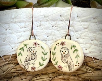 Ceramic hand painted owl floral earrings / ceramic jewelry / ceramic earrings  / hand painted earrings / hypoallergenic