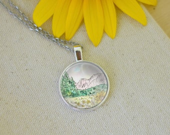 Sunflower necklace glass pendant / Watercolor necklace / landscape necklace / sunflower necklace / original art necklace