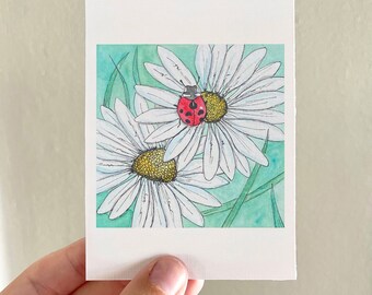 Mini 3" x 4" ladybug daisy watercolor, Mini Landscape Watercolor Art Print, watercolor flowers, watercolor sunflower