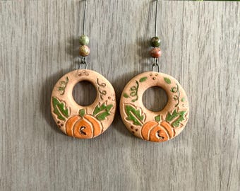 Terracotta ceramicmoon pumpkin earrings / ceramic jewelry / ceramic earrings / pumpkin earrings / one of a kind earrings / hypoallergenic