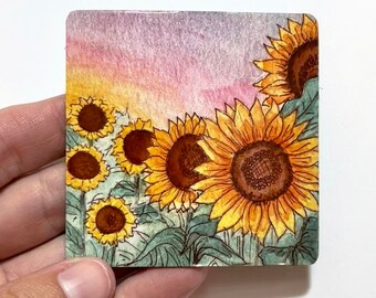 Sunrise Sunflower Fields Watercolor refrigerator magnet, artwork magnet, watercolor magnet, mountain magnet
