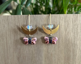 Ceramic moon Moth dangle earrings / ceramic jewelry / ceramic earrings / moth earrings / handmade earrings / hypoallergenic
