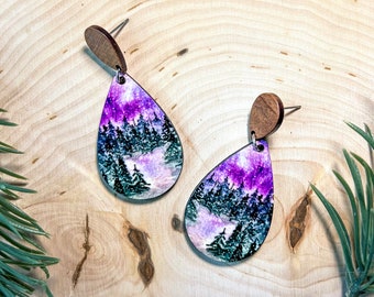 Watercolor wood Pine Tree Winter Forest  Earrings dangle | Gift for mountain lovers | watercolor art earrings | wearable art