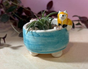 Ceramic turquoise Fox mini Air plant holder pot, ceramic mini planter, mini plant pot, mini plant holder, handmade ceramic plant pot
