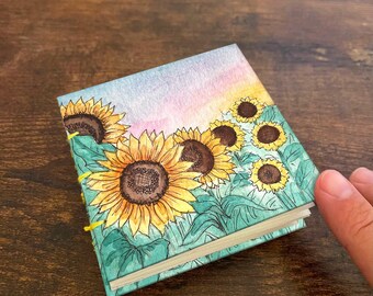 Sunset Sunflower Handmade mini 3x3 Watercolor Book, Art Journal, Field Sketchbook, Travel Art Book, Watercolor Book, Pocket Painting Book