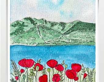 Poppies at Porcupine Reservoir Utah Watercolor Print, Utah Art, mountain art, watercolor art