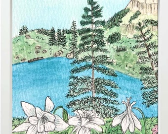 Columbine Flowers High Creek Lake Watercolor Utah Art Print, Utah Art, mountain art, watercolor art