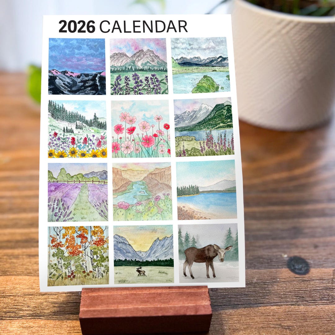 Watercolor Landscape Art 2026 Desk Calendar With Wood Stand - Etsy