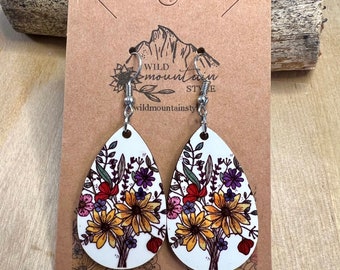 Watercolor wood Wild flower sunflower wood Earrings | Gift for mountain lovers | Teardrop Dangle Earrings  | wearable art