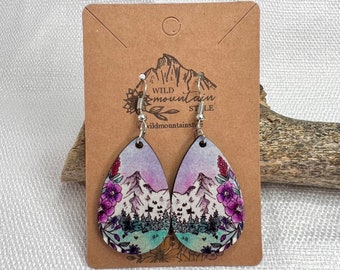 Watercolor wood Purple pink mountain wood dangle Earrings | boho drop earrings | Teardrop Dangle Earrings  | wearable art