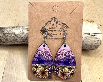Watercolor wood Sunflower purple Mountain Dangle Earrings Wood Dangle Drop Earrings | mountain earrings wood  | wearable art
