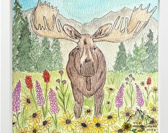 Moose among the Wildflowers Watercolor Print, Moose art, Nursery art, watercolor art, watercolor animals, animal art