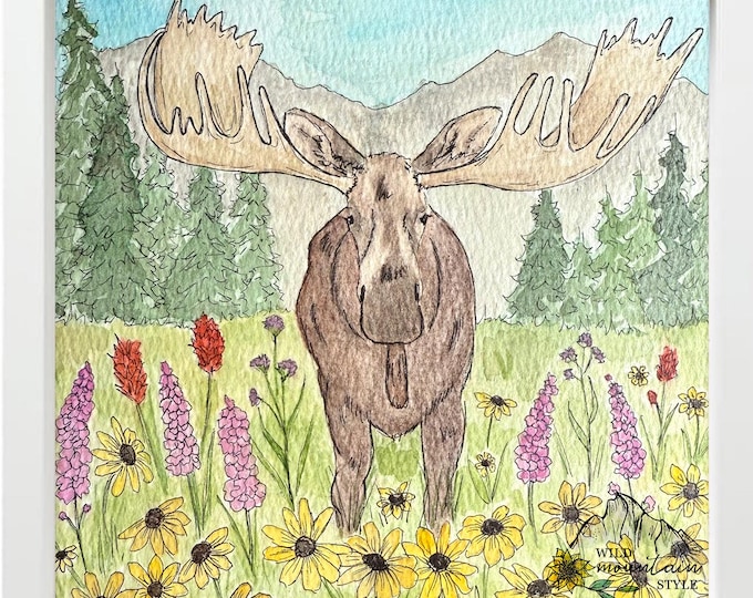 Featured listing image: Moose among the Wildflowers Watercolor Print, Moose art, Nursery art, watercolor art, watercolor animals, animal art