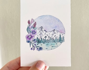 Mini 3" x 4" Wildflower Mountains watercolor, Mini Landscape Watercolor Art Print, watercolor mountains, watercolor wildflowers