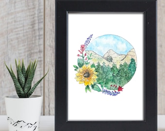 Cherry Peak Utah Wildflower Mountain watercolor print, Utah Art Print, Cabin Art, boho mountain art, watercolor art, watercolor mountains