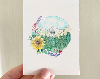 Mini 3" x 4" Cherry Peak Utah Wildflower Mountain watercolor, Utah Art Print, watercolor mountains, watercolor sunflower