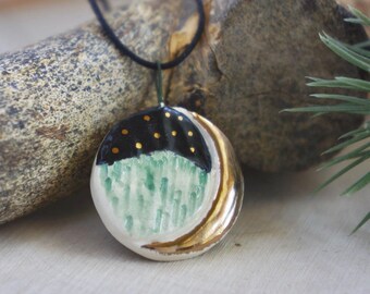 Crescent moon mountain round ceramic necklace / ceramic jewelry / ceramic mountain necklace / clay mountain jewelry