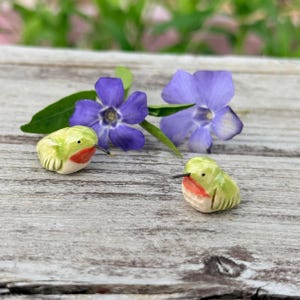 May include: Two small, hand-painted ceramic hummingbird figurines with green, red, and white details. The hummingbirds are placed on a weathered wooden surface, next to purple flowers and green leaves. The figurines have black beaks.