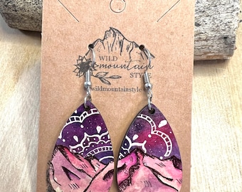Watercolor wood Mandala galaxy mountain wood Earrings | Gift for mountain lovers | Teardrop Dangle Earrings  | wearable art