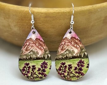 Watercolor Purple Lupin Flowers Mountain Wood Earrings dangle | Idaho Jewelry | mountain earrings | Teardrop Dangle Earrings  | wearable art
