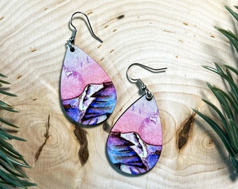 Watercolor wood Ombre Sunset Mountain   Earrings dangle | Gift for mountain lovers | watercolor art earrings | wearable art