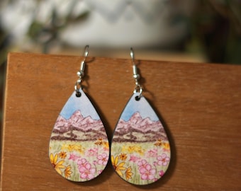 Watercolor wood Wildflowers Grand Teton Mountains Dangle Earrings | Gift for mountain lovers | Teardrop Dangle Earrings  | wearable art