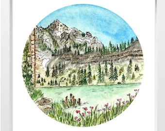 White Pine Lake Utah Art Print, Circle Mountain Art, Utah Art, boho mountain art, watercolor art