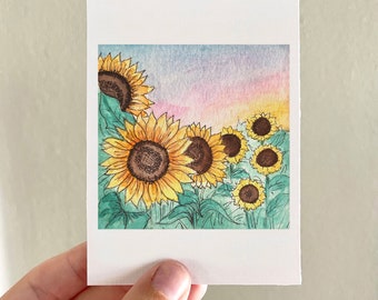 Mini 3" x 4" sunset sunflower watercolor, Mini Landscape Watercolor Art Print, watercolor flowers, watercolor sunflower