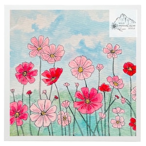 Pink Wildflowers watercolor print, Flowers Art Print, Flower Art, boho flower art, watercolor art, watercolor flower, square art