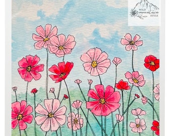 Pink Wildflowers watercolor print, Flowers Art Print, Flower Art, boho flower art, watercolor art, watercolor flower, square art