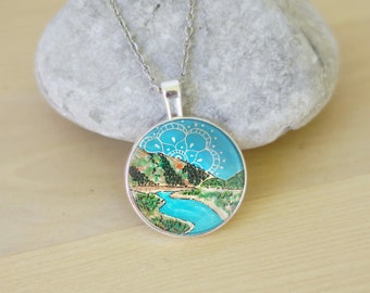 Mandala River mountain art necklace / unique art print necklace / Watercolor art necklace / mountain jewelry / landscape necklace