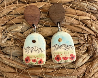 Ceramic  poppy flower mountain earrings / ceramic jewelry / ceramic earrings / mountain earrings  / hypoallergenic / dangle earrings