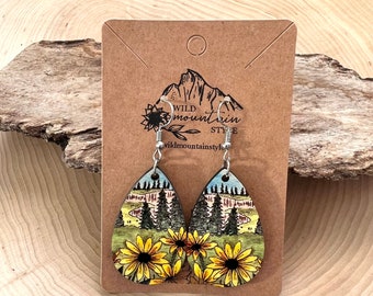 Watercolor wood Sunflower mountain Earrings dangle | Utah Jewelry | Gift for mountain lovers | Teardrop Dangle Earrings