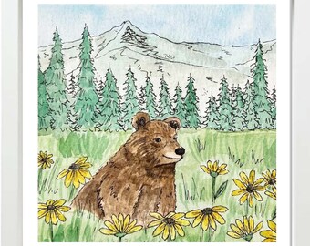 Sunflower Mountain Bear Watercolor Print, Bear art, Nursery art, watercolor art, watercolor animals, animal art
