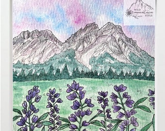 Sawtooth Mountain Lupin Wildflowers Art Print, Mountain art print, Idaho Art, mountain art, watercolor art print, watercolor mountains